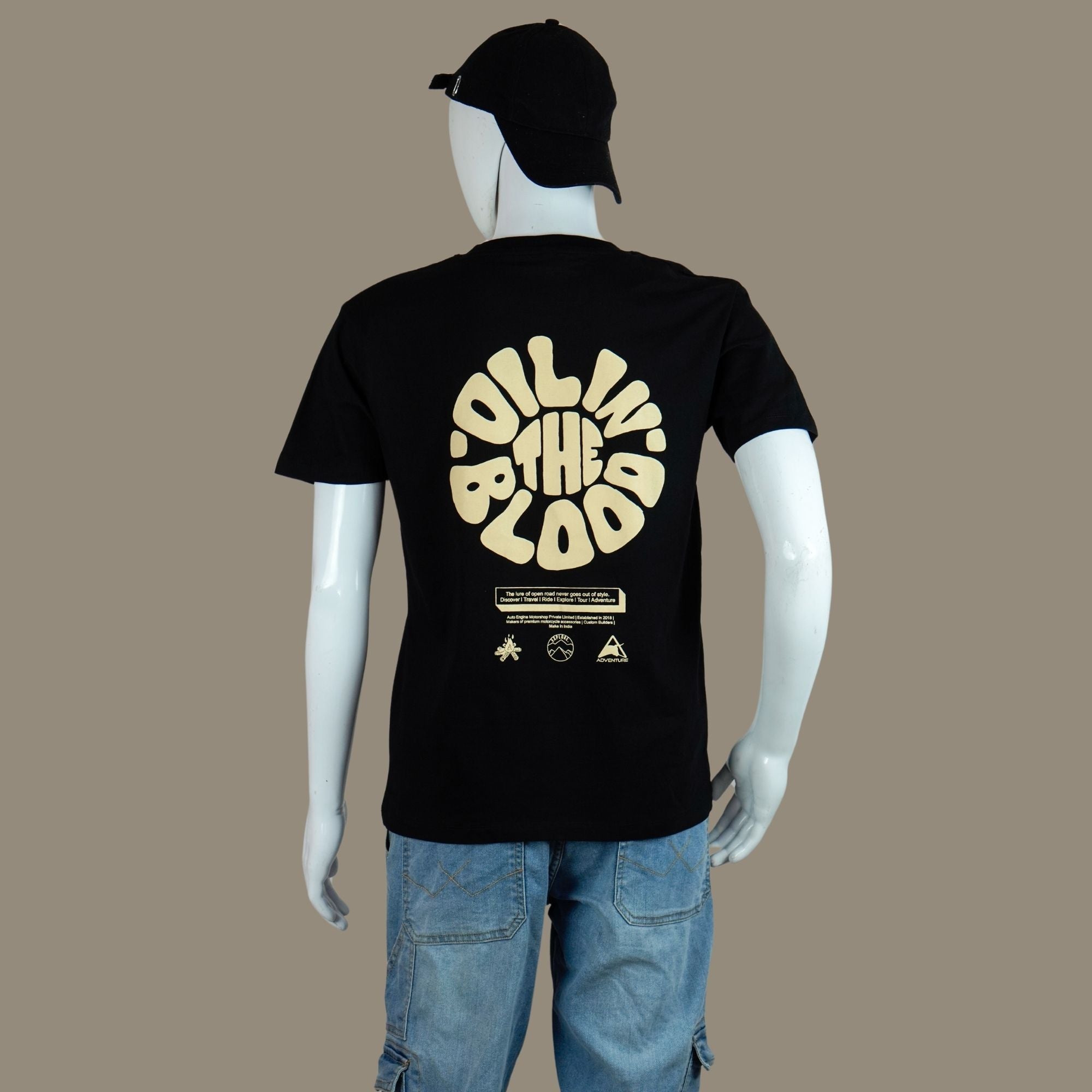 Beige Oil In The Blood Motorcycle T Shirt | Black | Engina Lifestyle