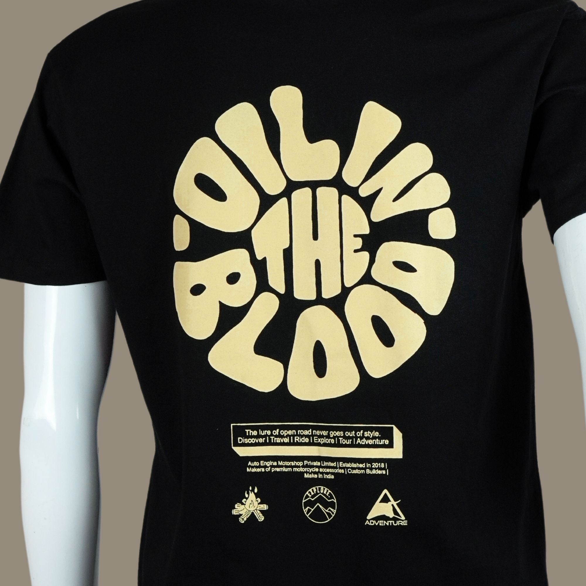 Beige Oil In The Blood Motorcycle T Shirt | Black | Engina Lifestyle