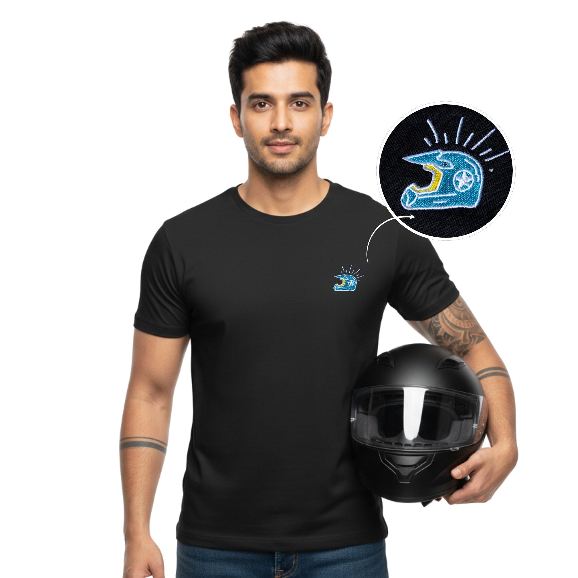 Helmet Embroidered Biker T-Shirt | Black | Engina Lifestyle