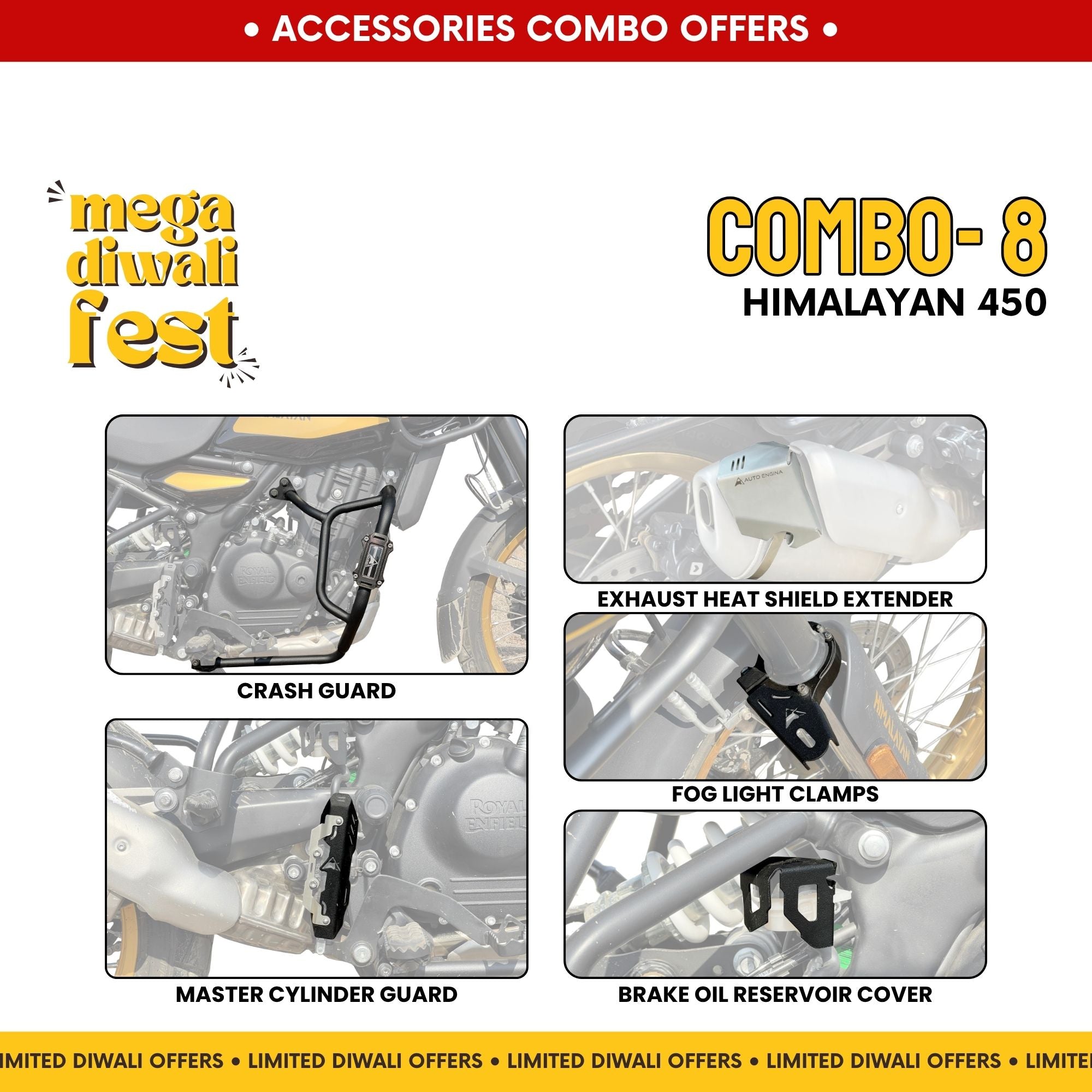 Combo 8 | Himalayan 450 | Crash Guard, Heat Shield, Master Cylinder Guard, Brake Oil Cover, Fog Light Clamp