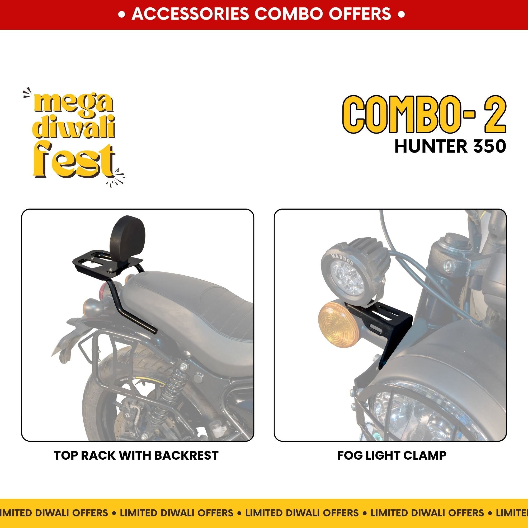 Combo 2 | Hunter 350 | Top Rack with Backrest, Fog Light Clamp