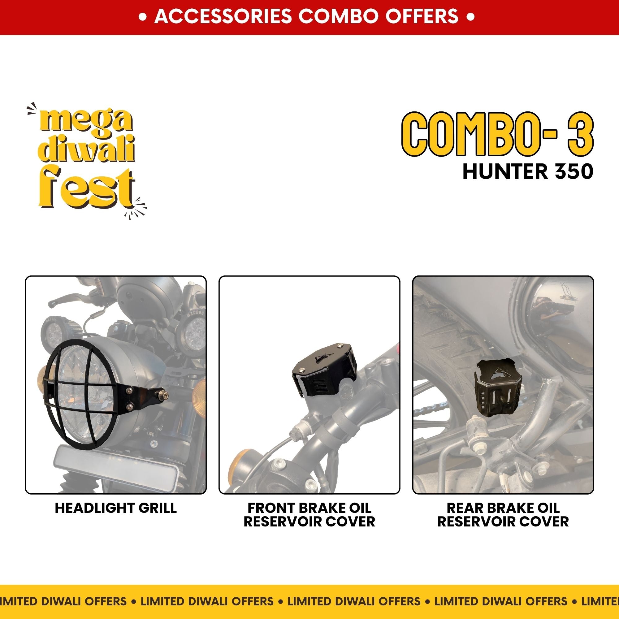 Combo 3 | Hunter 350 | Headlight Grill, Front Brake Oil Cover (Black), Rear Brake Oil Cover (Black)