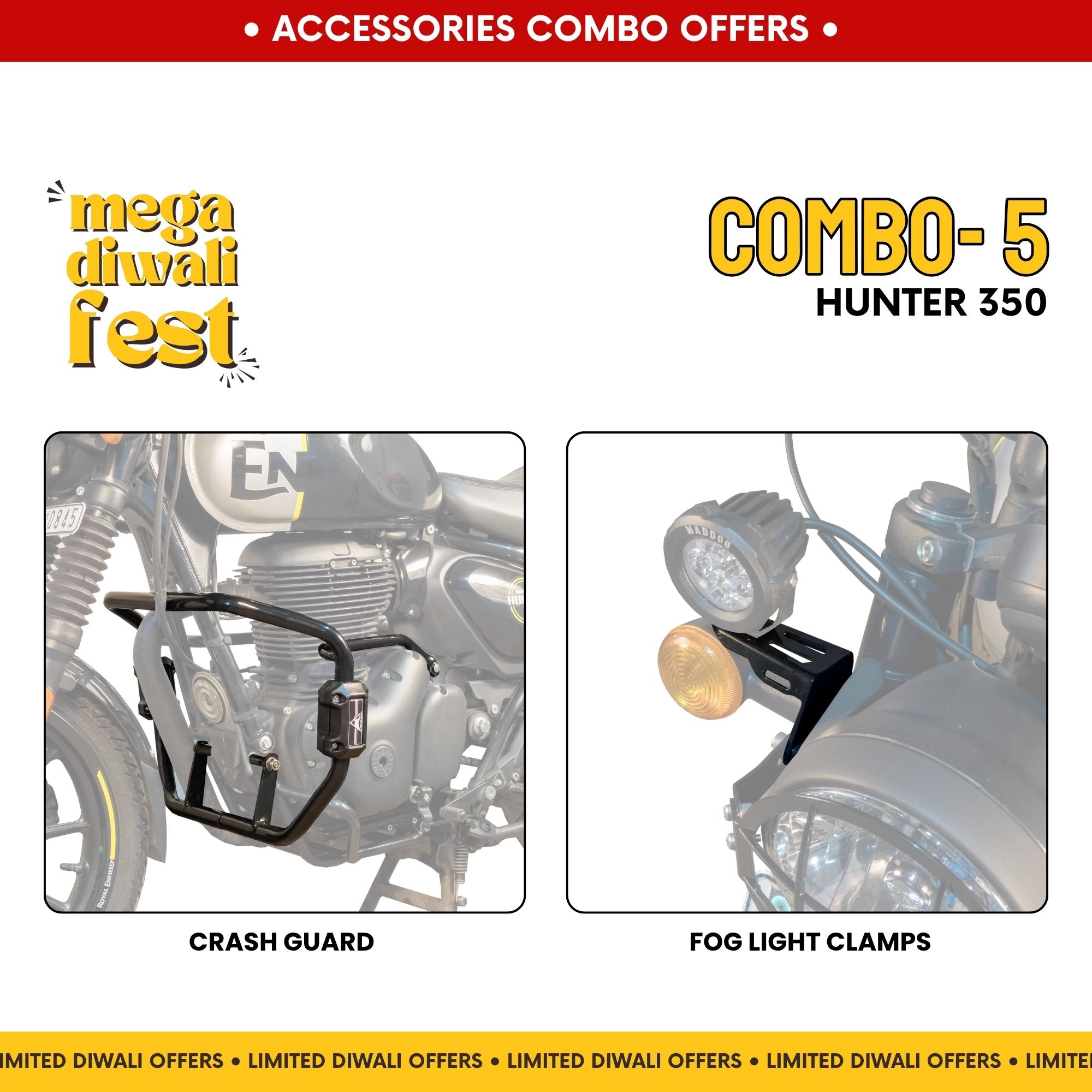 Combo 5 | Hunter 350 | Crash Guard (Black), Fog Light Clamp