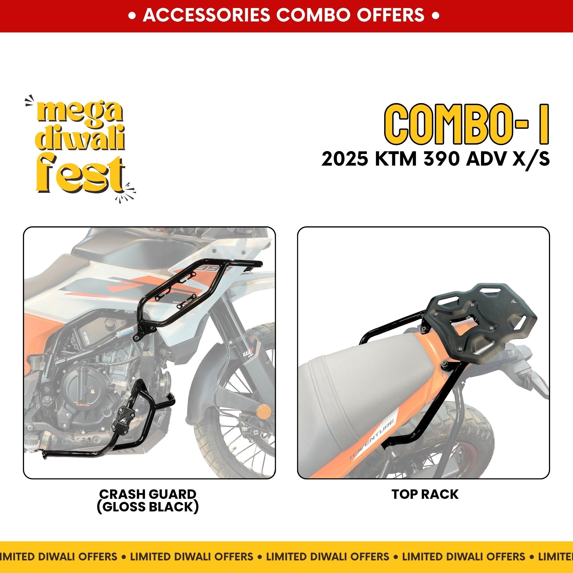 Combo 1 | KTM 390 Adv X/S | Crash Guard (Gloss Black), Top Rack