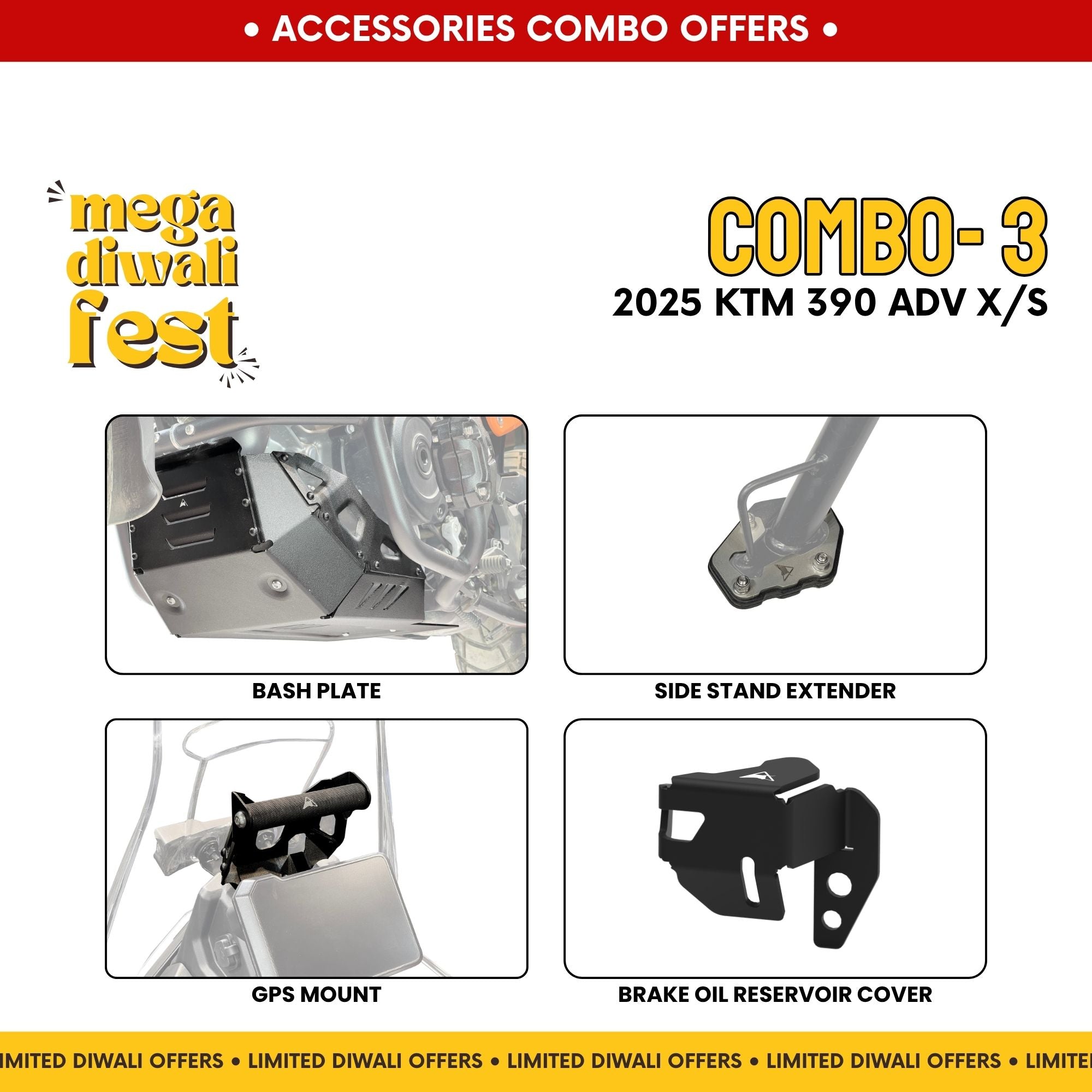 Combo 3 | KTM 390 Adv X/S | Bash Plate, GPS Mount, Brake Oil Cover, Side Stand Extender