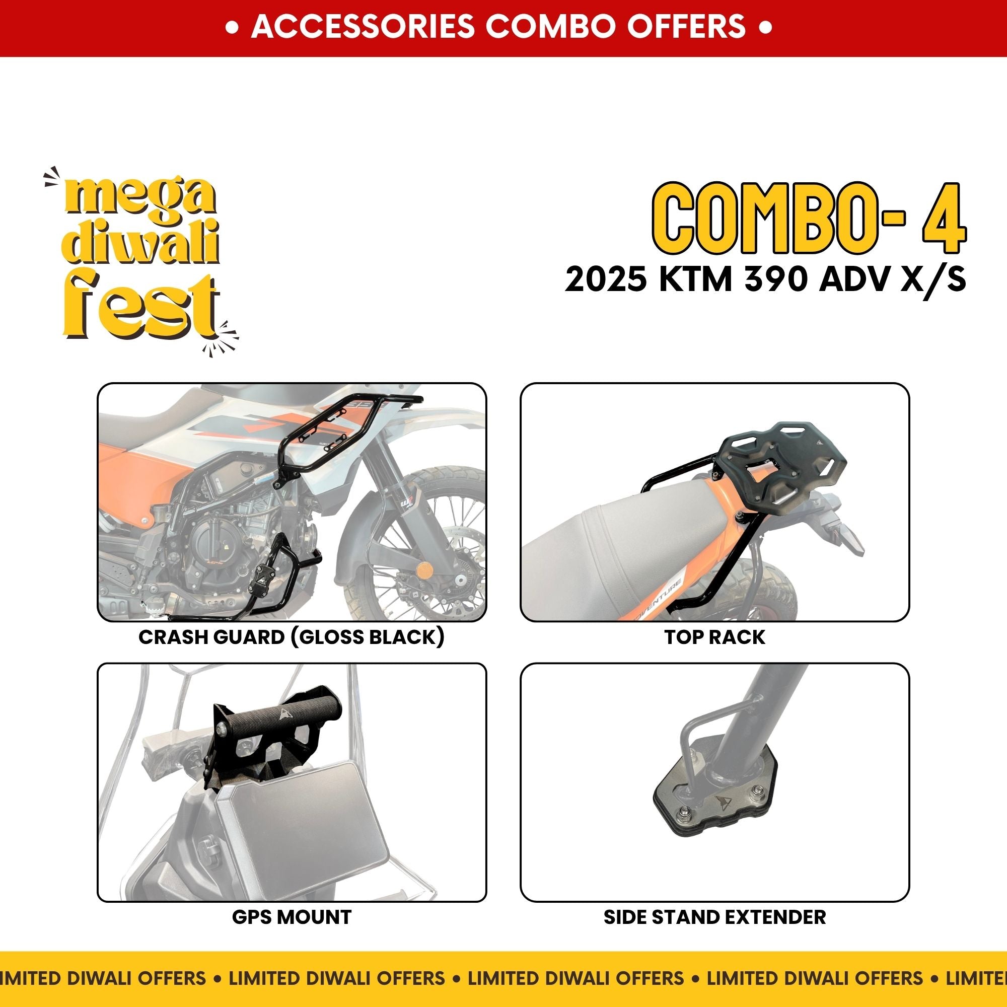 Combo 4 | KTM 390 Adv X/S | Crash Guard (Gloss Black), Top Rack, GPS Mount, Side Stand Extender