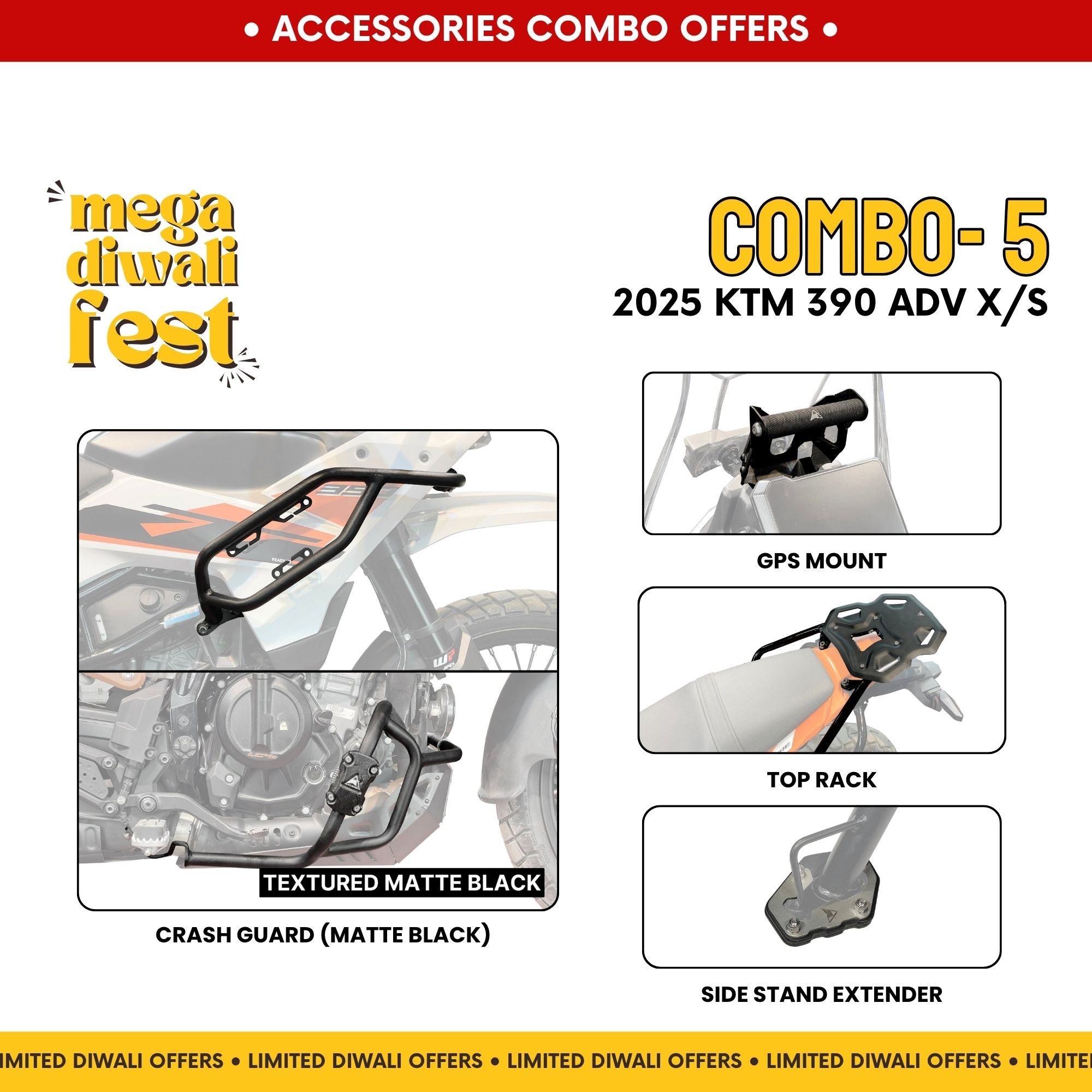 Combo 5 | KTM 390 Adv X/S | Crash Guard (Matte Black), Top Rack, GPS Mount, Side Stand Extender