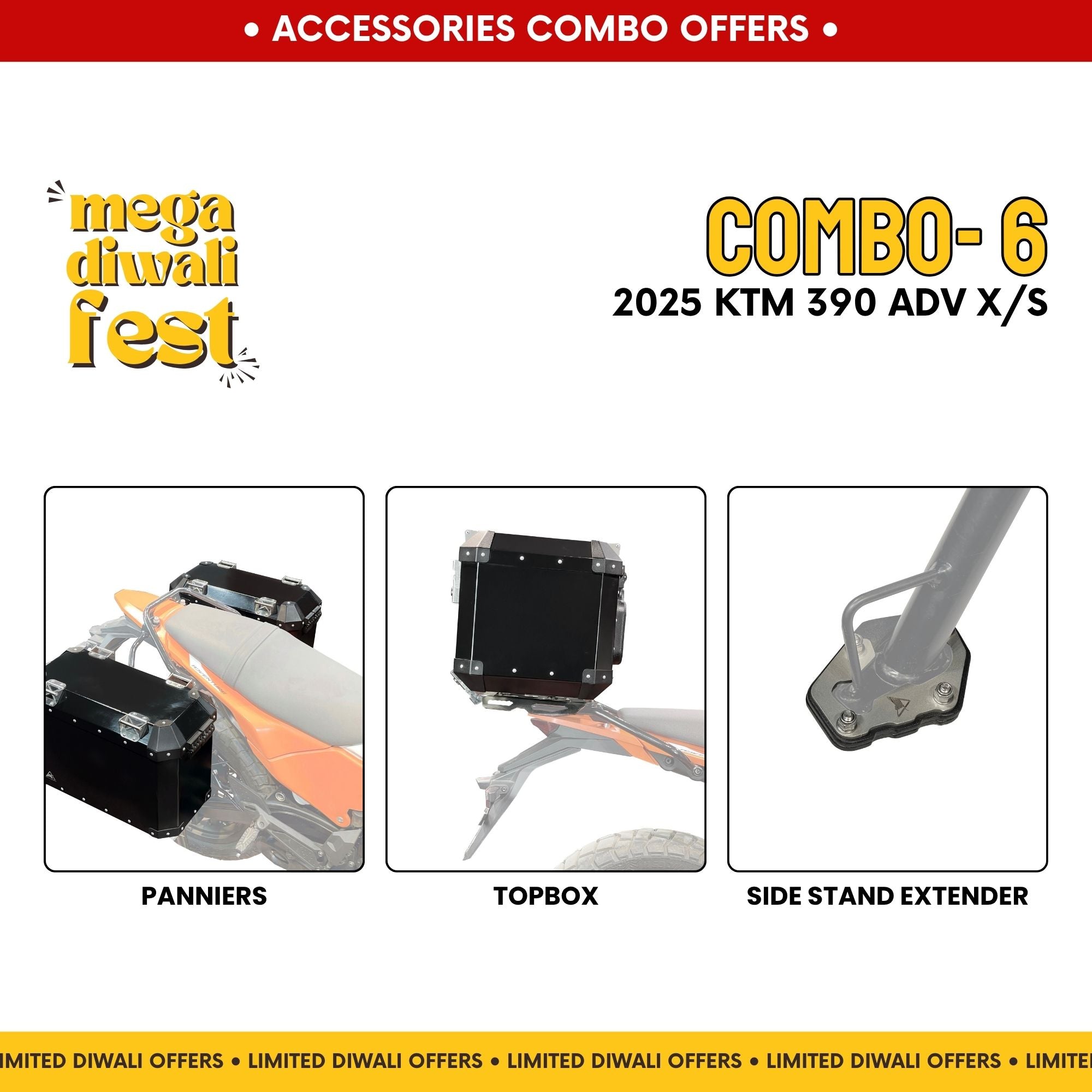 Combo 6 | KTM 390 Adv X/S | Top Box, Panniers, Side Stand Extender