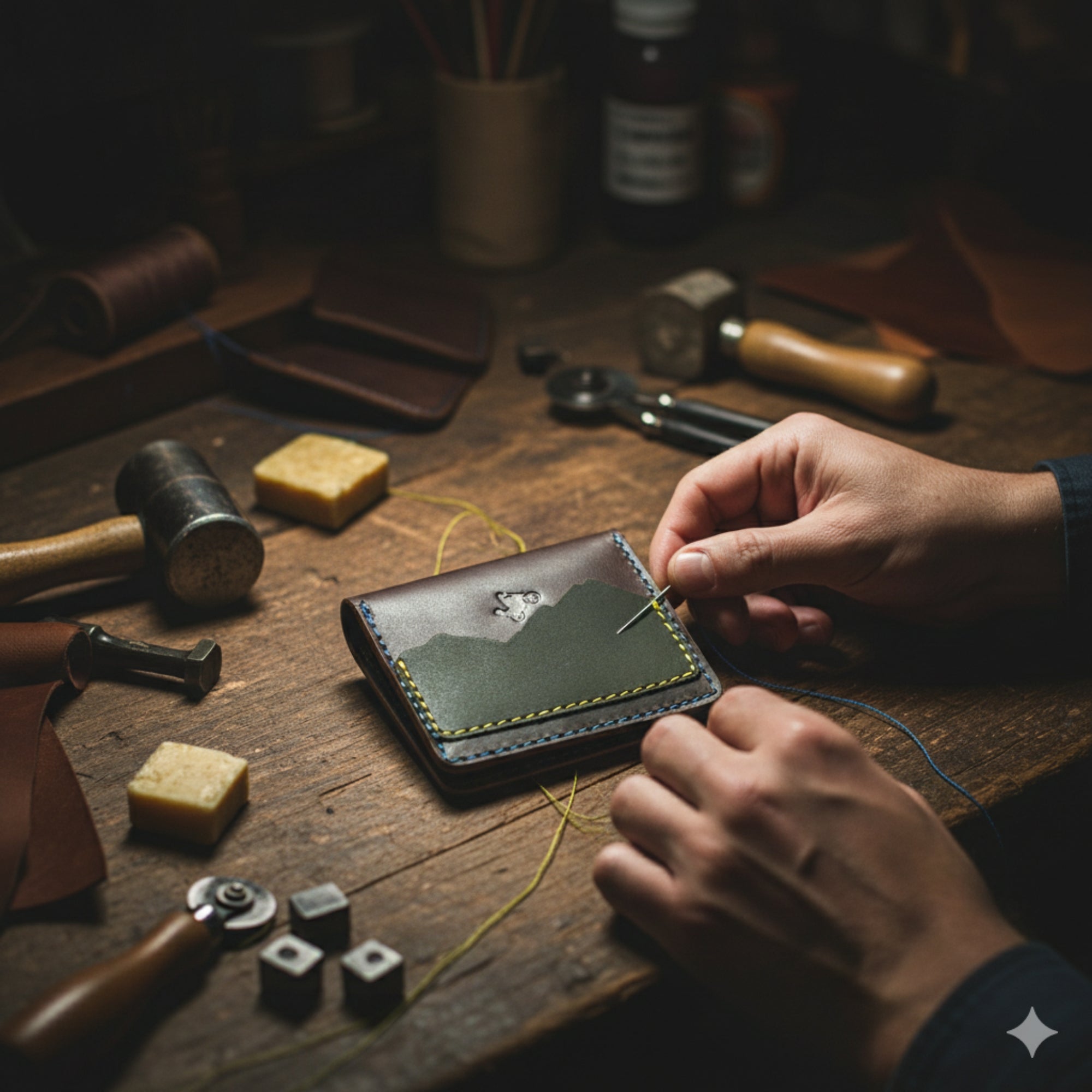 Person working on a leather wallet with tools and materials on a wooden table
