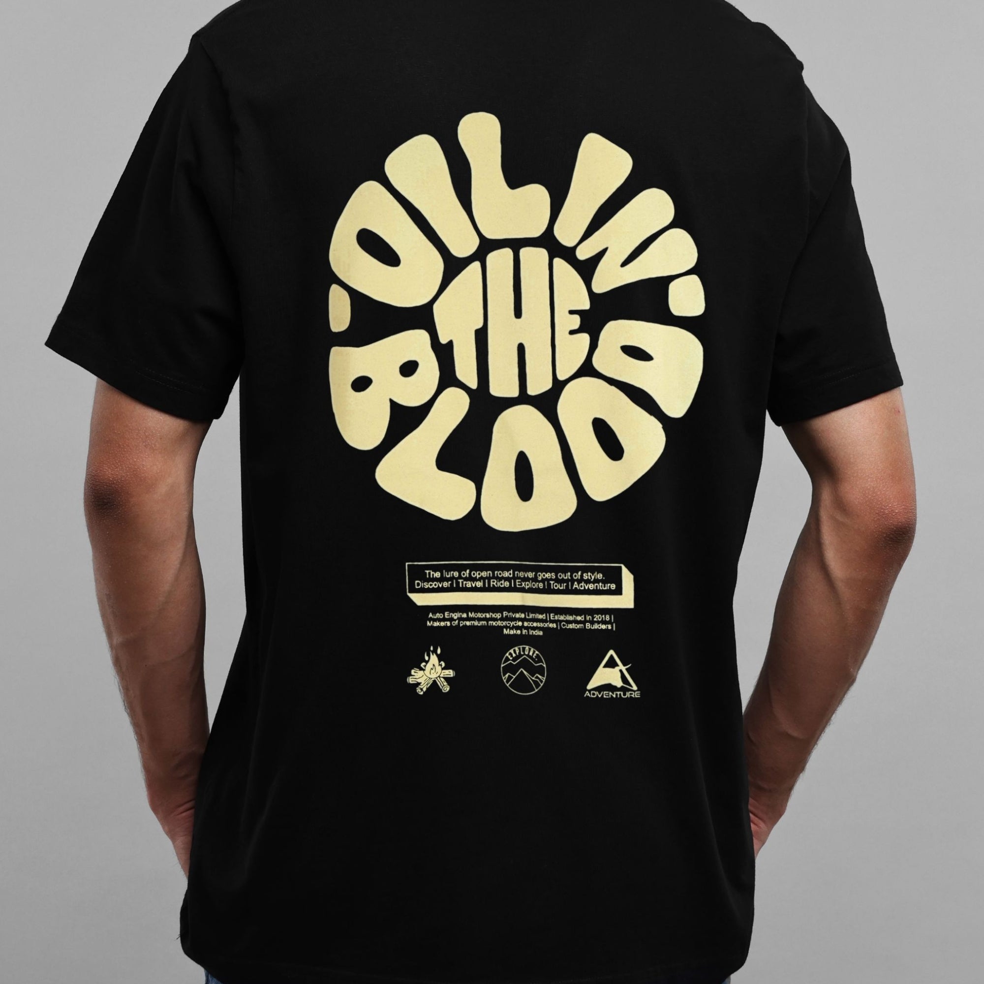 Beige Oil In The Blood Motorcycle T Shirt | Black | Engina Lifestyle